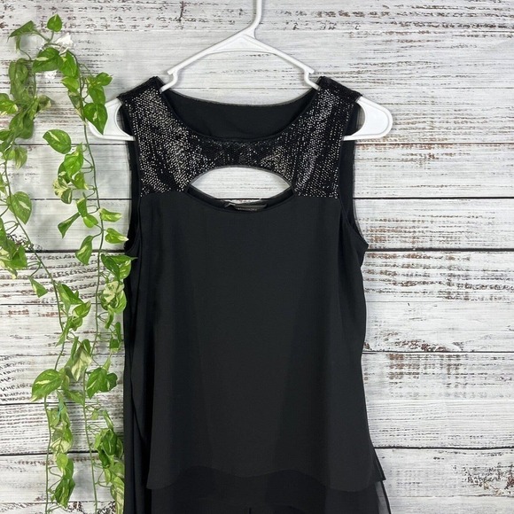 BCBG MaxAzria Tunic Top size XXS Black Sequins Cocktail Wedding Evening Disco - Picture 2 of 10